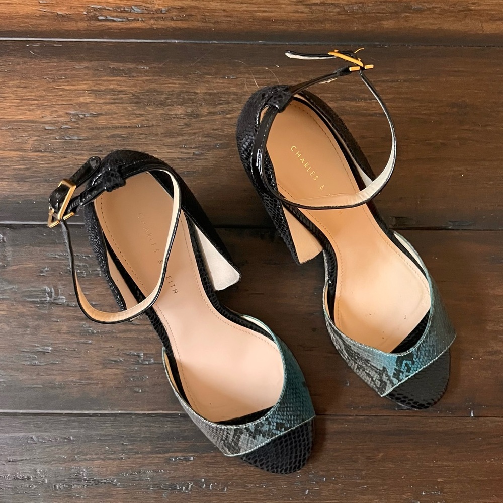 Charles & Keith Black and Green Heels with Ankle Strap